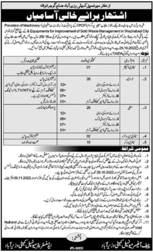 Jobs in Municipal Committee & Wazirabad District Gujranwala – Muncipal Commette Jobs 2022 — original advertisement