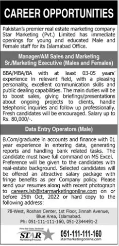 Pakistan Premier Real Estate Marketing Company Jobs 2022 – Private Company Jobs 2022 — original advertisement