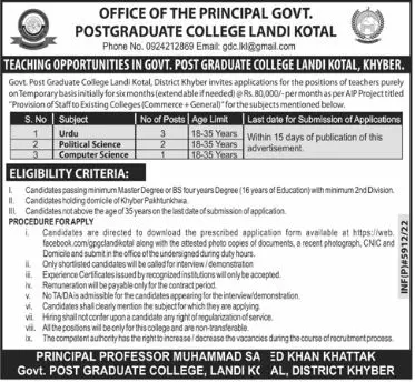 Jobs in Postgraduate College Landi Kotal Jobs 2022 — original advertisement