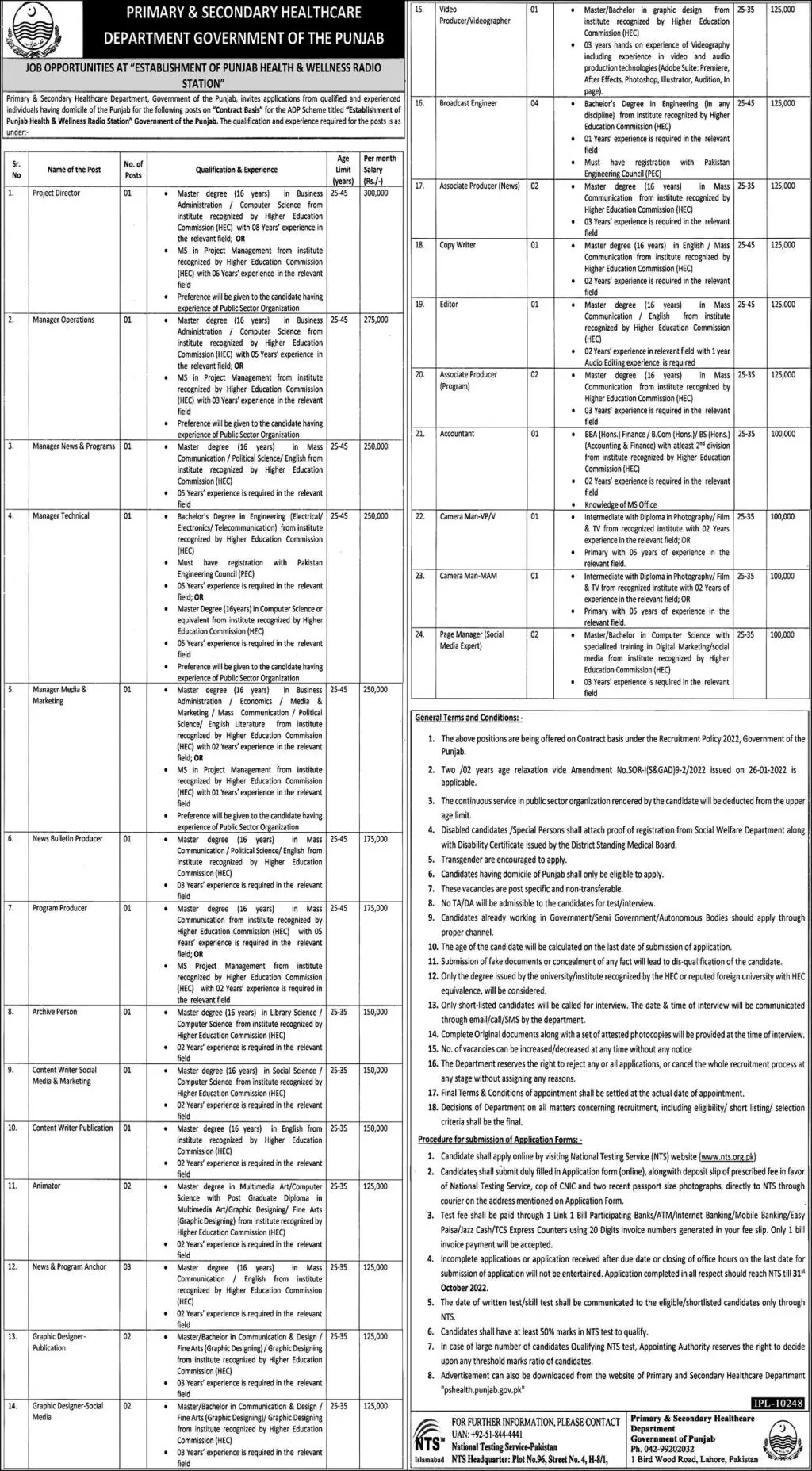 Punjab Primary & Secondary Healthcare Department Jobs 2022 – Health Department Punjab Jobs 2022 — original advertisement