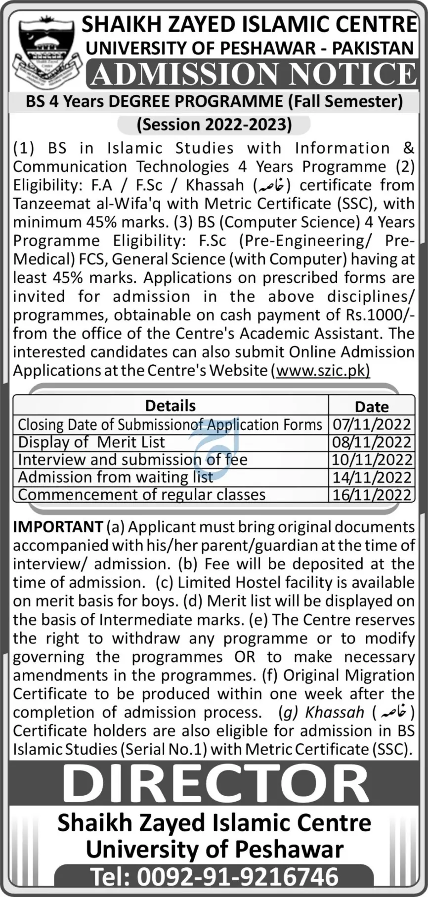 Admission in Sheikh Zayed Islamic Center University of Pesha – University of Peshawar Admissions 2022 — original advertisement