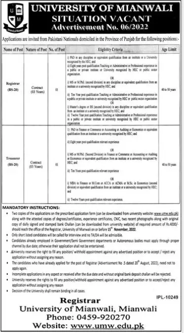 Jobs in University of Mianwali Jobs 2022 — original advertisement