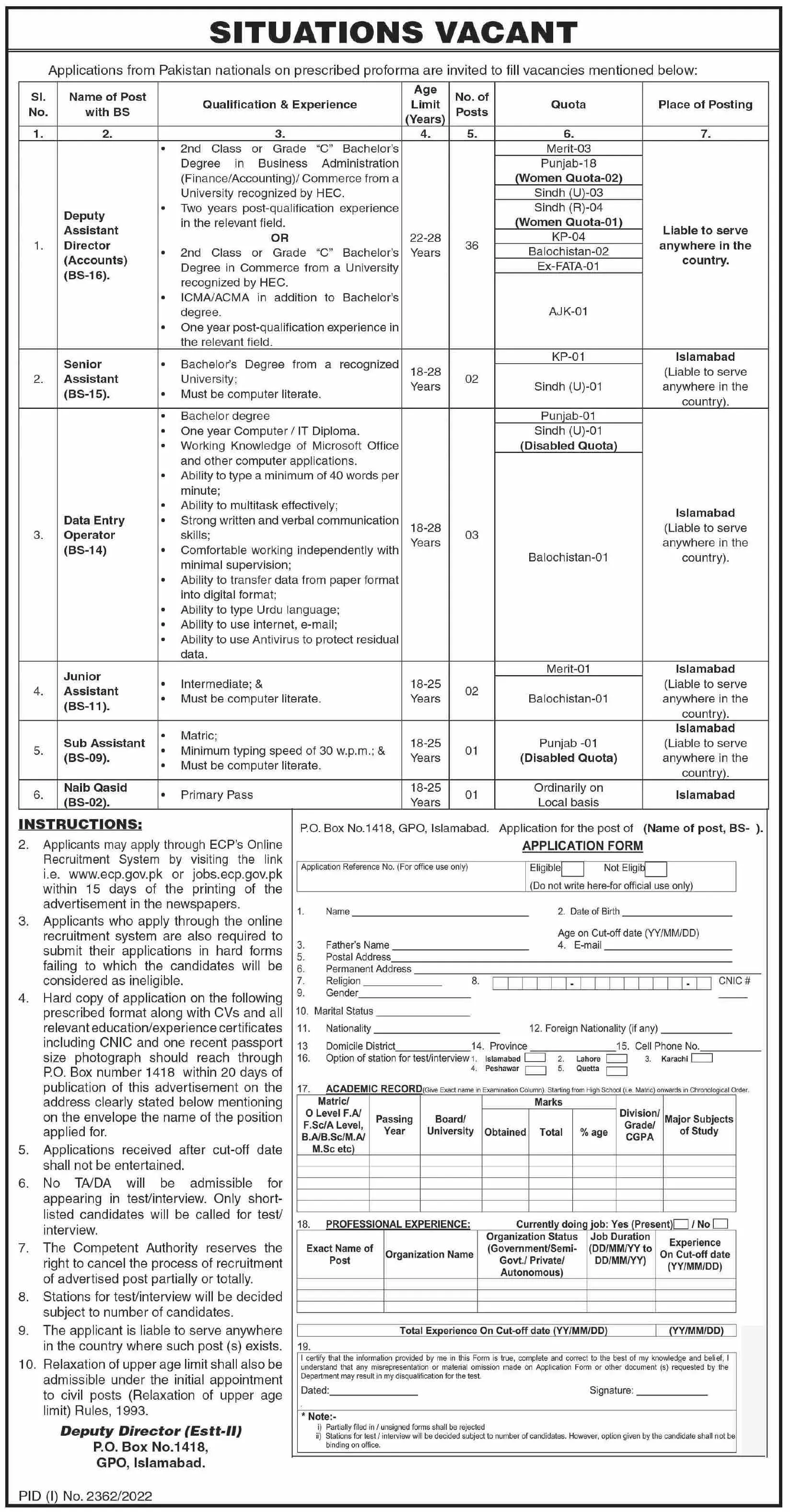 Jobs in Election Commission of Pakistan ECP 2022 – Election Commission of Pakistan (ECP) Islamabad Jobs 2022 — original advertisement