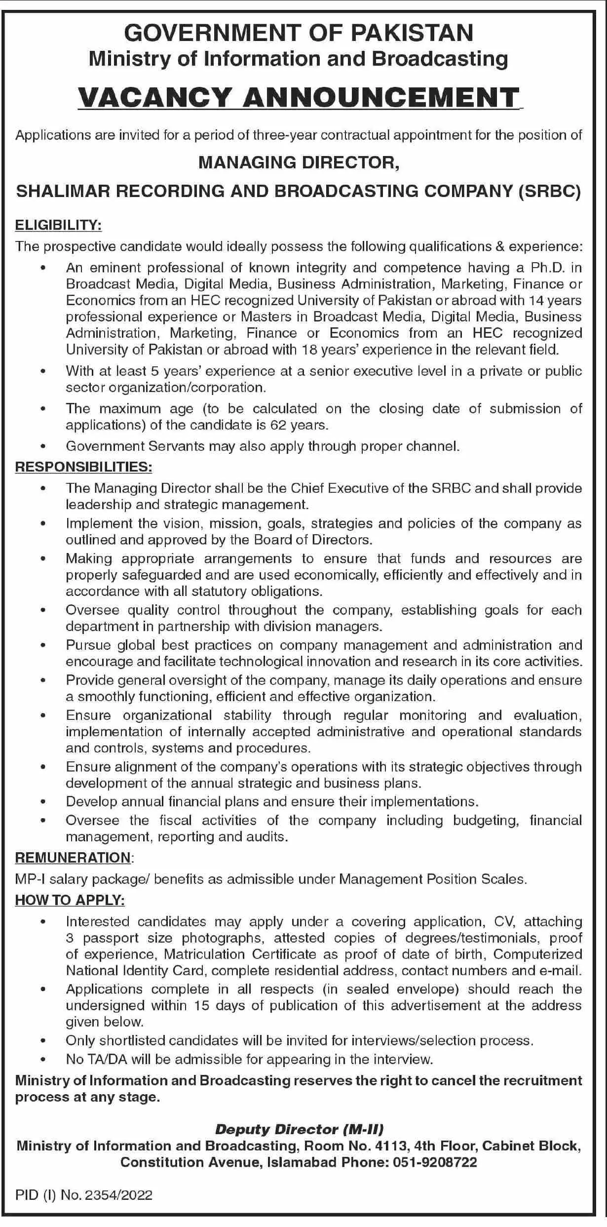 Jobs in Ministry of Information and Broadcasting Islamabad – Ministry of Information & Broadcasting Pakistan Jobs 2022 — original advertisement