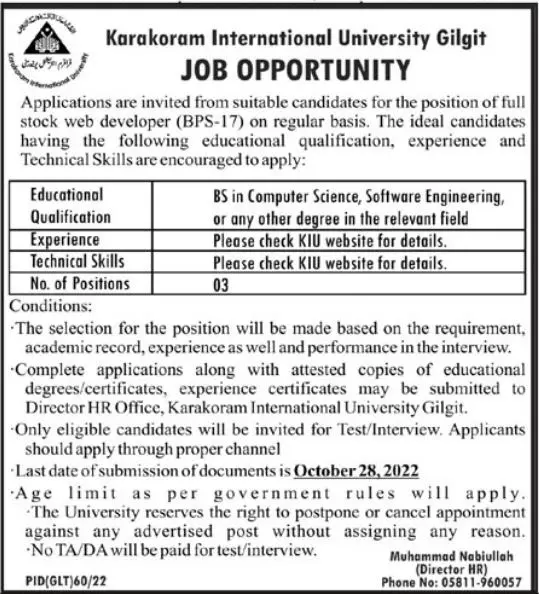 Jobs in Karakoram International University Gilgit-Baltistan – Karakoram International University Gilgit Baltistan Jobs 2022 — original advertisement