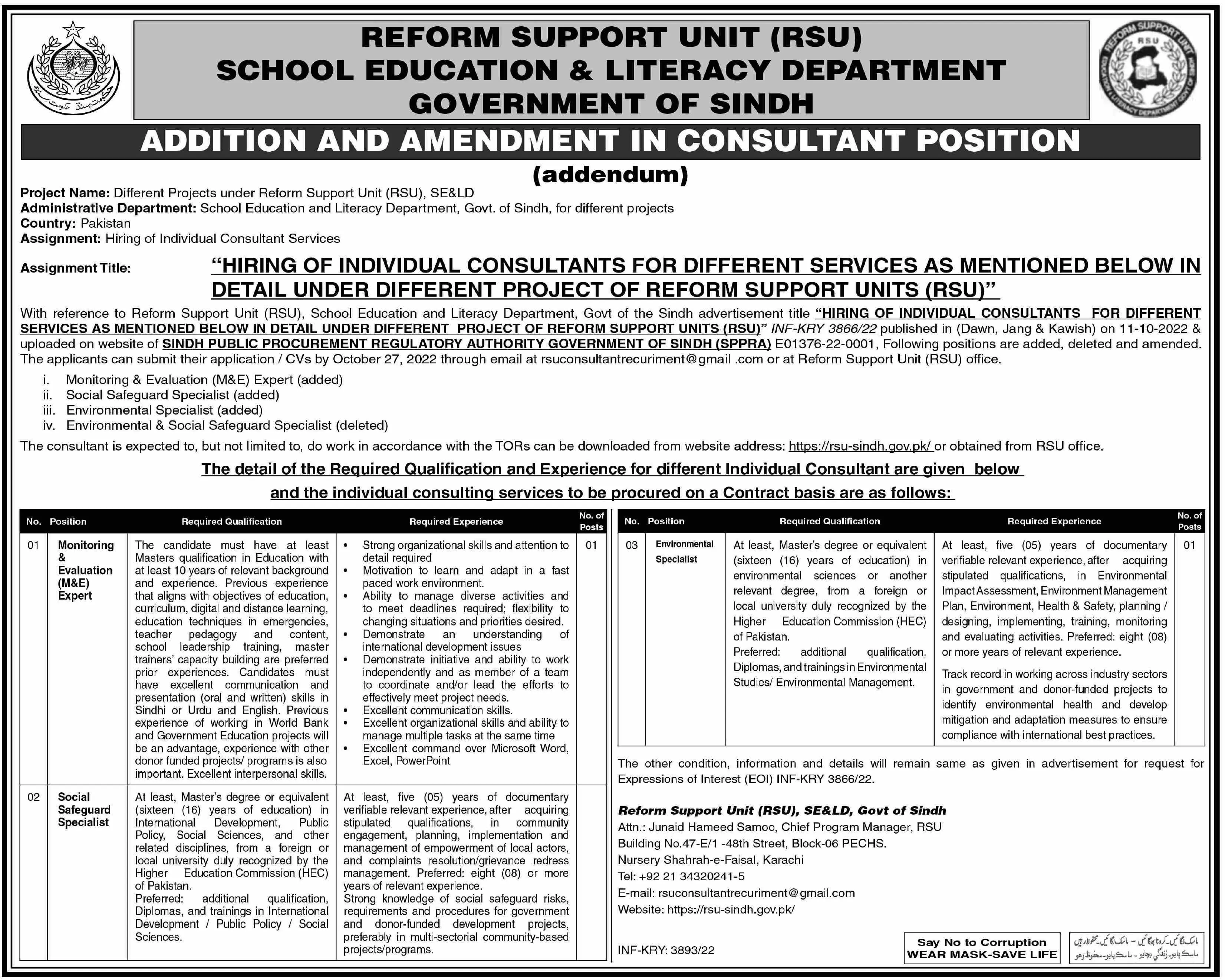 Jobs in School Education & Literacy Department Sindh 2022 – Govt of Sindh Jobs 2022 — original advertisement