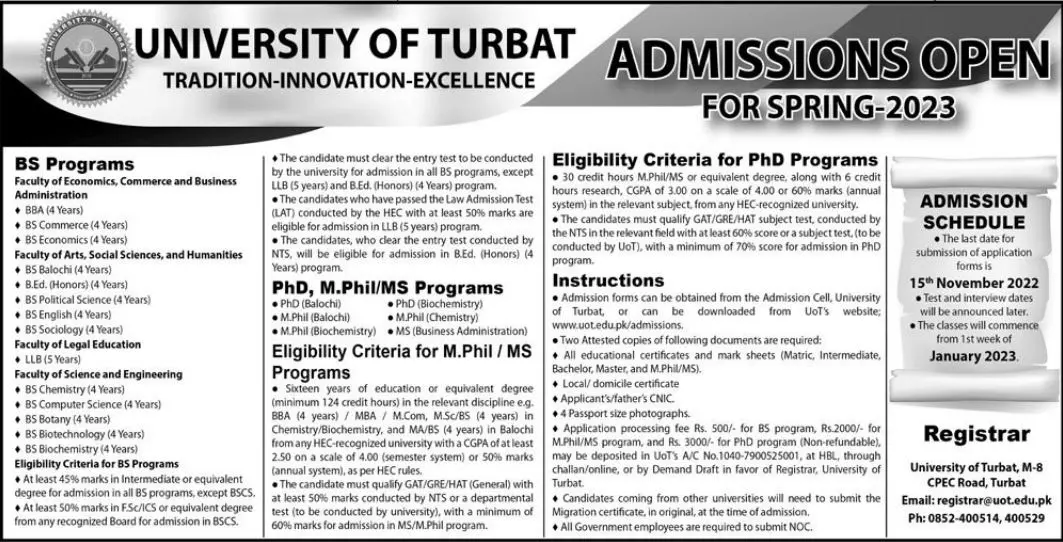 Admission in University of Turbat Balochistan Admissions 2022 — original advertisement