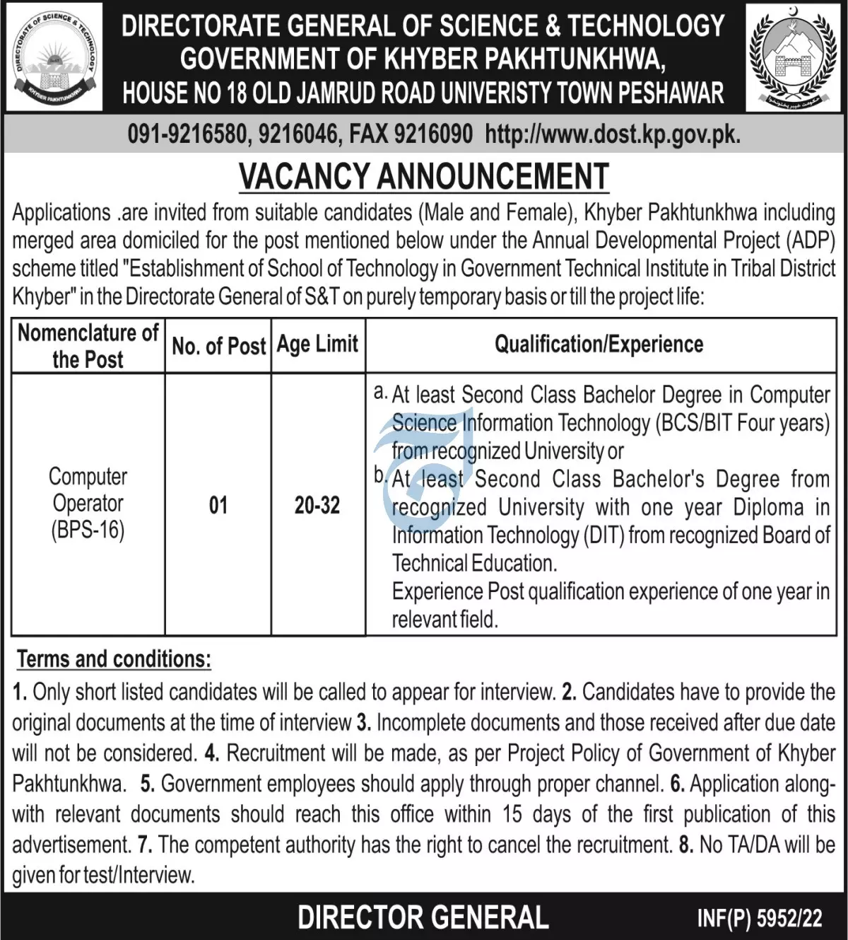 Jobs in Directorate general of Science & Technology – Govt of Kpk Jobs 2022 — original advertisement