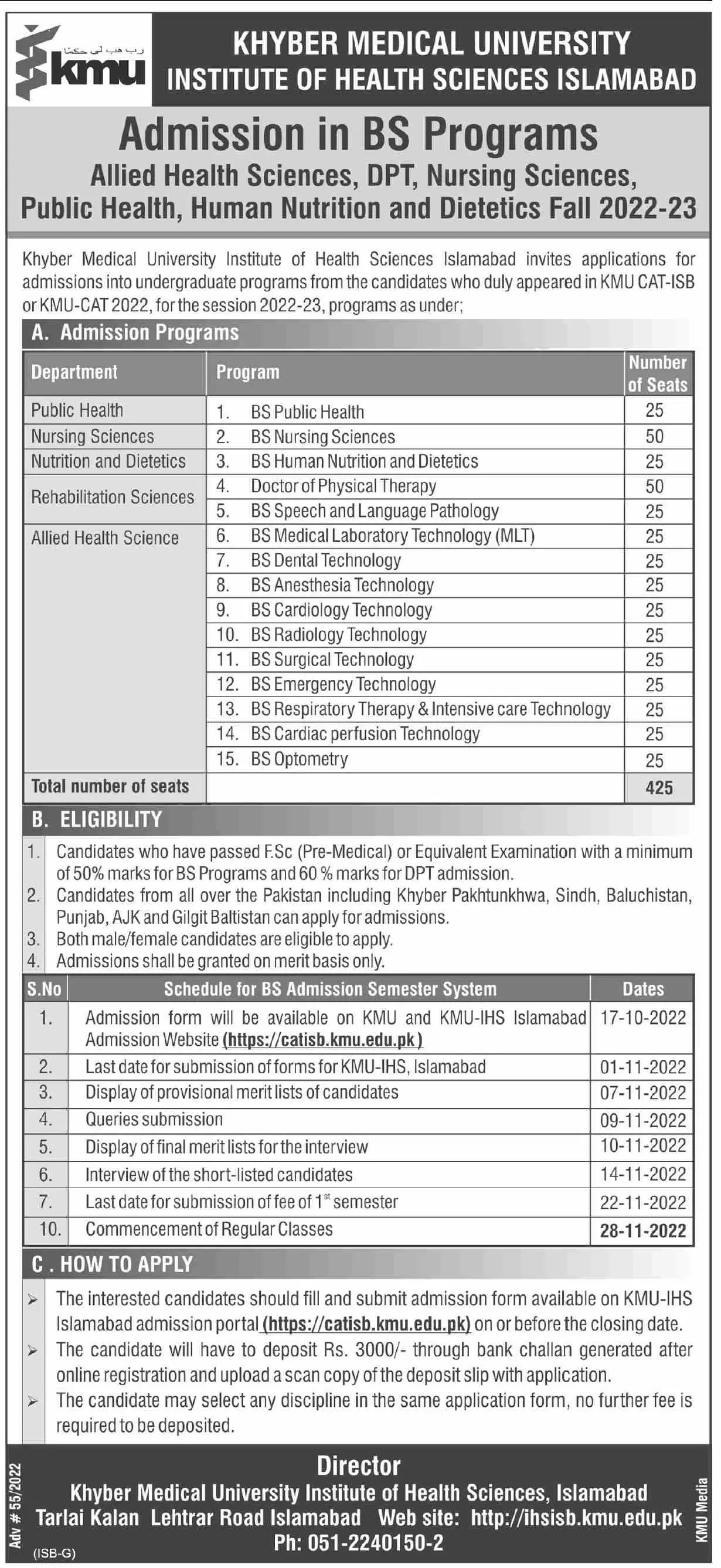 Admission in Institute of Health Sciences Islamabad – Khyber Medical University Peshawar Admissions 2022 — original advertisement