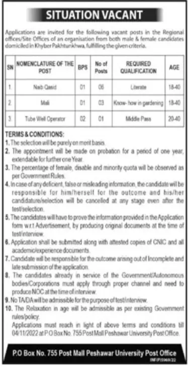 Jobs in Public Sector Organization Peshawar Jobs 2022 — original advertisement