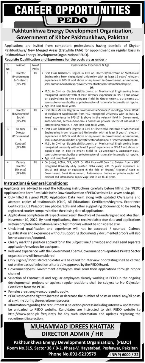 Jobs in Khyber Pakhtunkhwa Energy Development organization Jobs 2022 — original advertisement