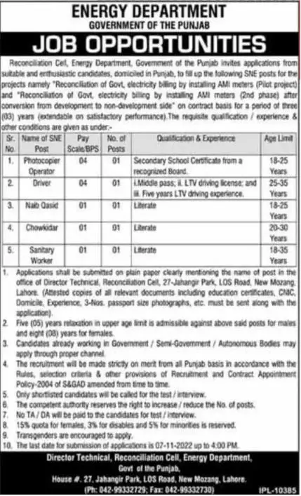 Jobs in Energy Department Lahore Punjab 2022 – Energy Department Punjab Jobs 2022 — original advertisement