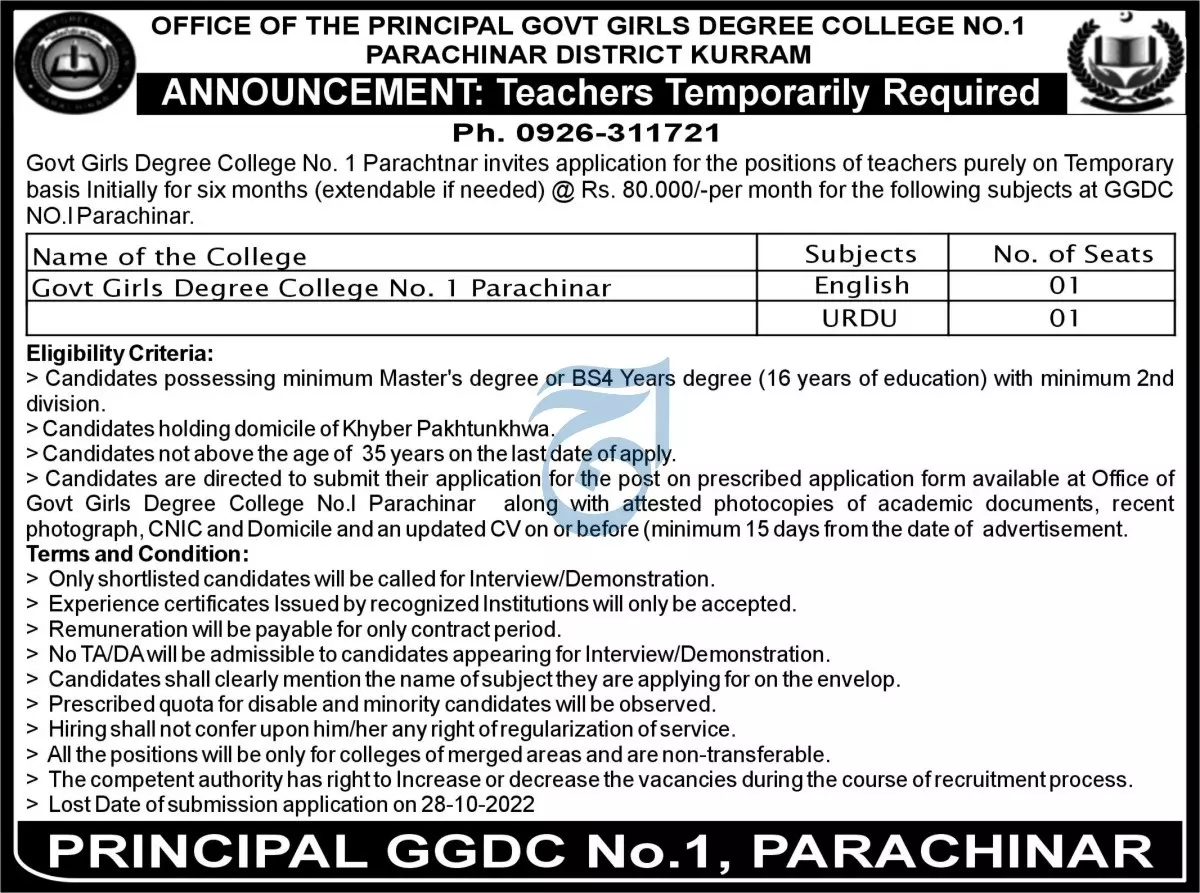 Government Girls Degree College Parachinar Jobs 2022 – Higher Education Department KPK Jobs 2022 — original advertisement