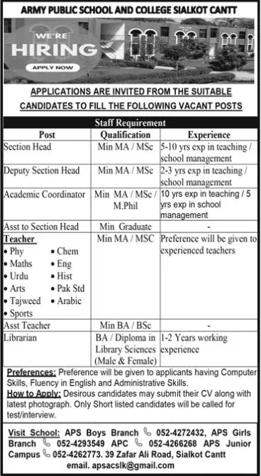 Jobs in Army Public School & College Sialkot Cantt – Army Public School & College Paksitan Jobs 2022 — original advertisement