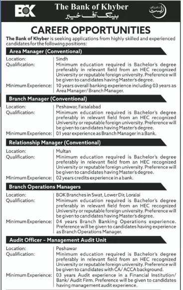 Bank of Khyber BOK Jobs 2022 Jobs 2022 — original advertisement