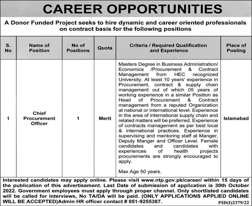 Jobs in Donor Funded Project Program Islamabad 2022 – Public Sector Organization Jobs 2022 — original advertisement