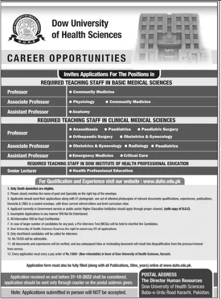 Jobs in Dow University of Health Sciences Karachi Jobs 2022 — original advertisement