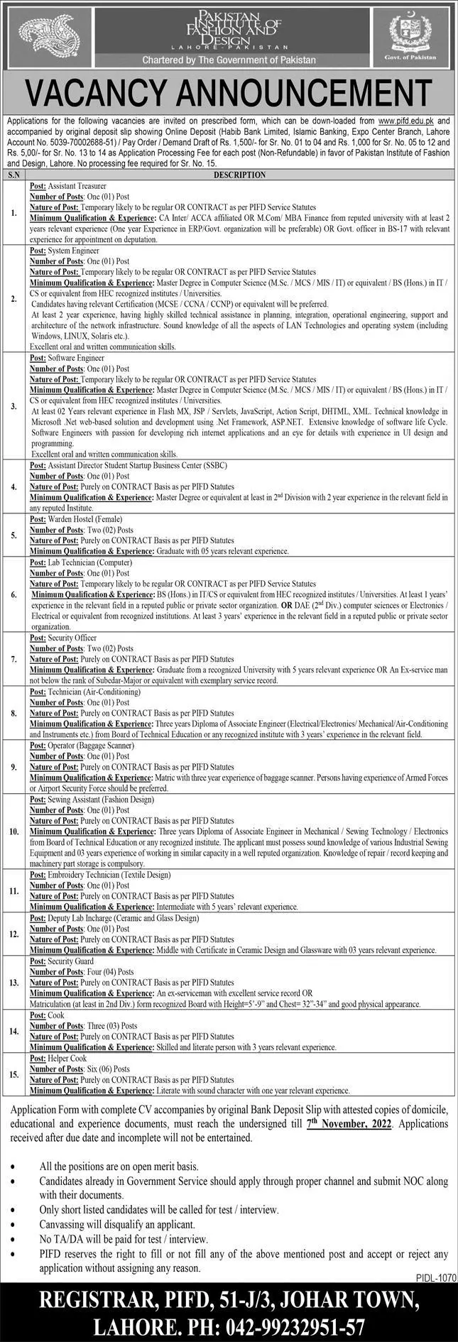 Jobs in Pakistan Institute of Fashion and Design PIFD 2022 – Pakistan Institute of Fashion and Design PIFD Lahore Jobs 2022 — original advertisement