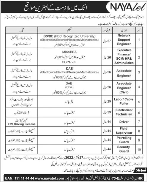 Jobs in Nayatel Pvt Limited Islamabad 2022 – Private Company Jobs 2022 — original advertisement