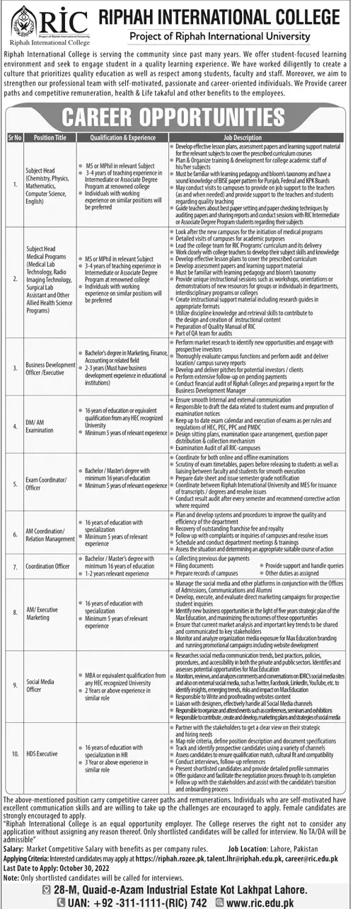 Jobs in Riphah International College Lahore – Riphah International University Jobs 2022 — original advertisement