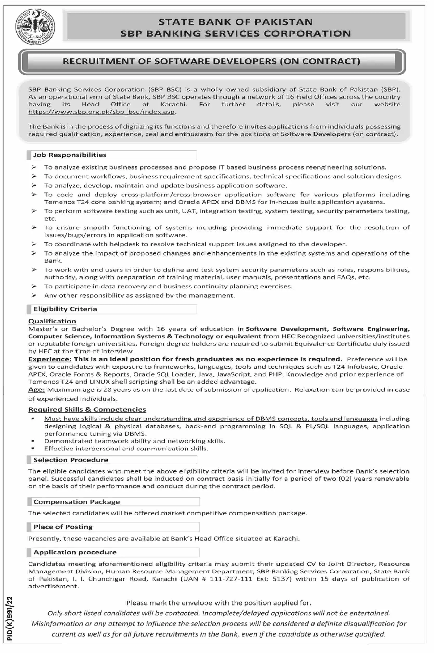 Jobs in State Bank of Pakistan Jobs 2022 — original advertisement