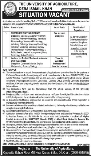 Jobs in University of Agriculture Dera Ismail Khan Jobs 2022 — original advertisement