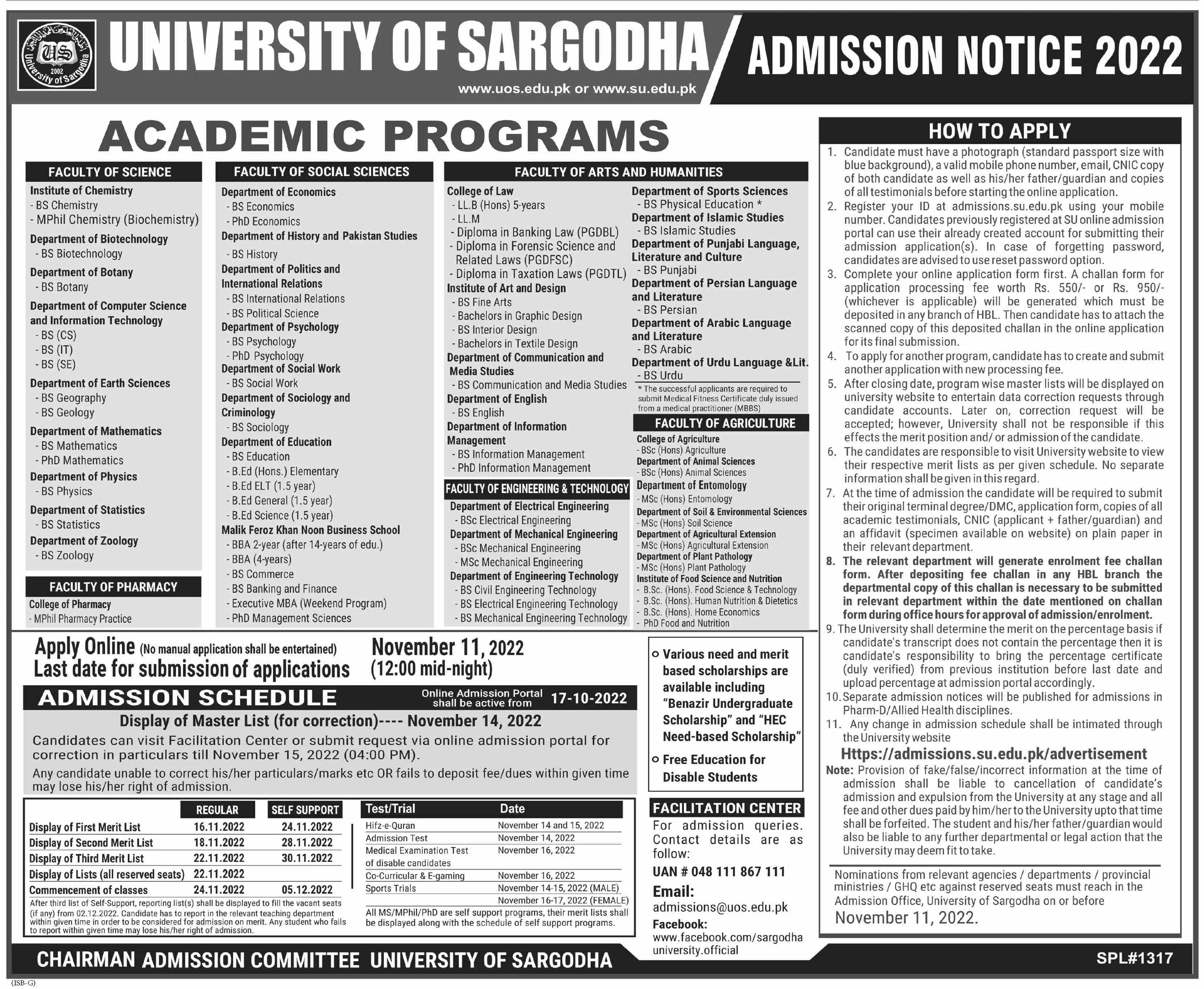 Admission in University of Sargodha Punjab Admissions 2022 — original advertisement
