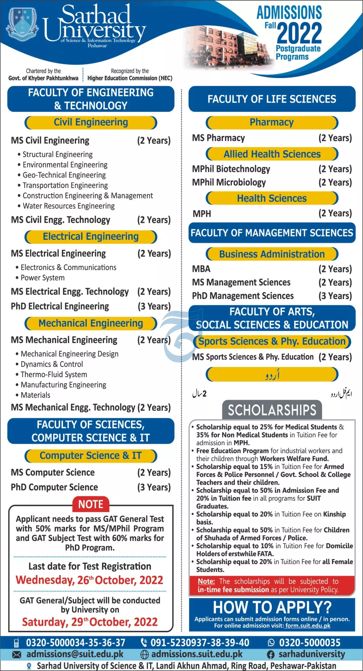 Admission in Sarhad University of Science & Information – Sarhad University of Science and Information Technology Peshawar Admissions 2022 — original advertisement