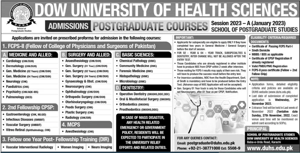 Admission in Dow University of Health Sciences Karachi Admissions 2022 — original advertisement
