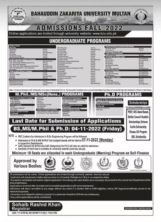 Admission in Bahauddin Zakariya University Multan Admissions 2022 — original advertisement