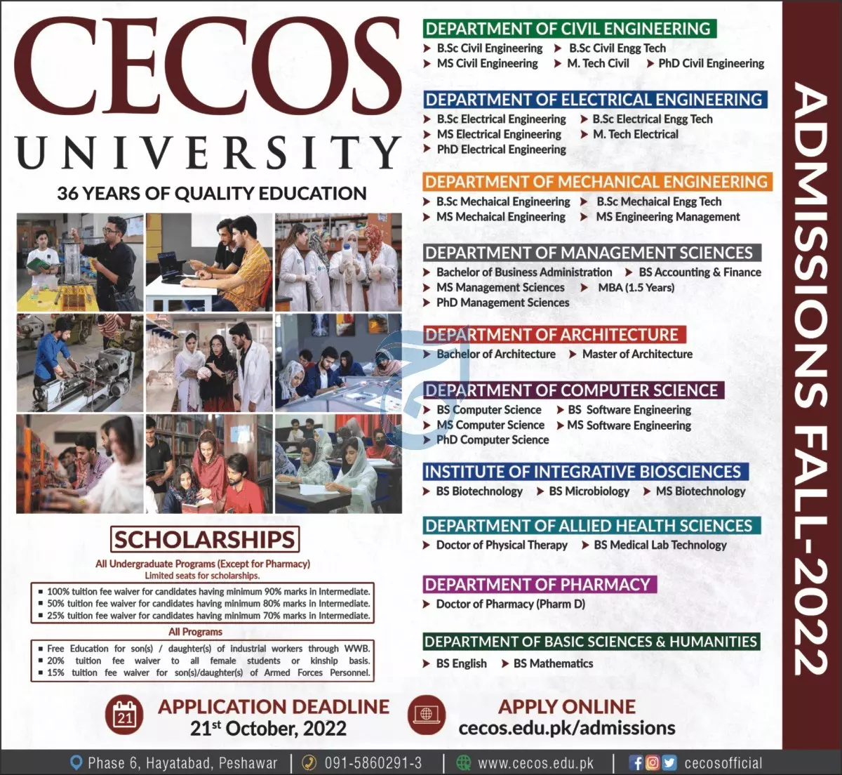 Admission in CECOS University Peshawar 2022 Admissions 2022 — original advertisement