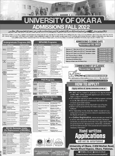 Admission in University of okara Punjab 2022 Admissions 2022 — original advertisement
