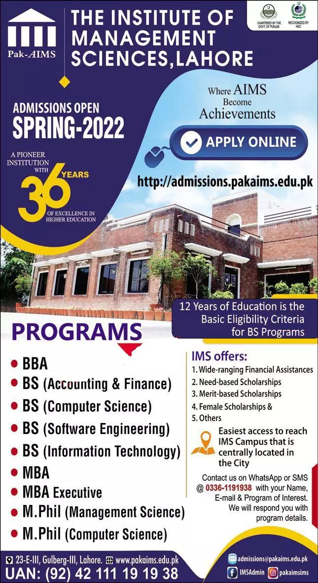 Admission in Institute of Management Science Lahore – Institute of Management Sciences Lahore Admissions 2022 — original advertisement