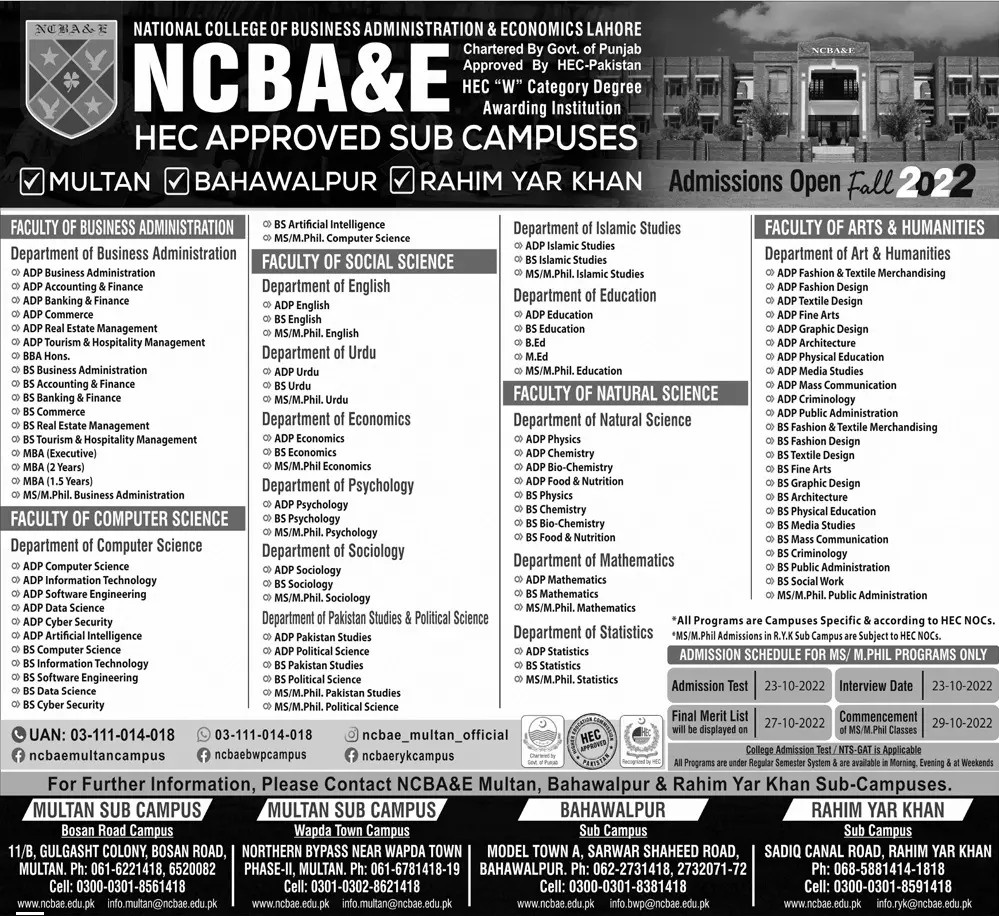 Admission in National College of Business Administration – National College of Business Administration & Economics Lahore Admissions 2022 — original advertisement