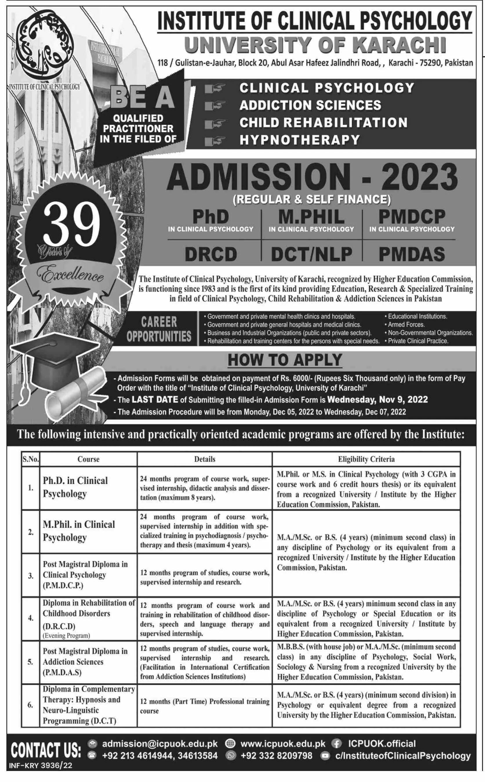 Admission in University of Karachi Admissions 2022 — original advertisement