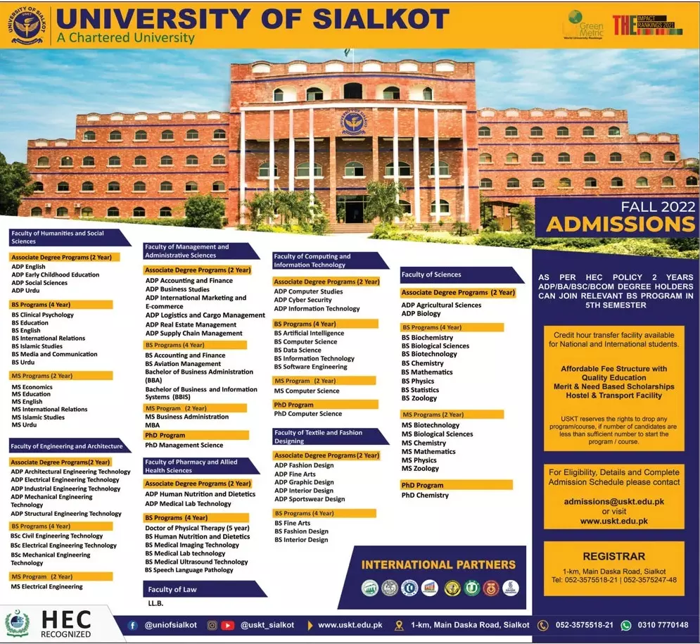 Admission in University of Sialkot 2022 Admissions 2022 — original advertisement