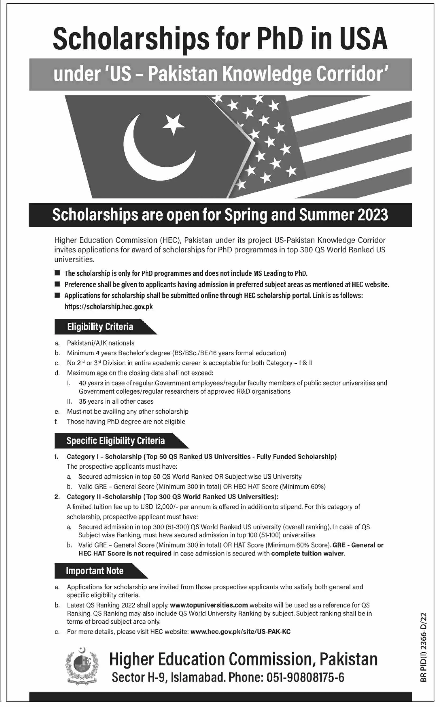 Scholarship for PhD in USA – Higher Education Commission Islamabad Scholarships 2022 — original advertisement