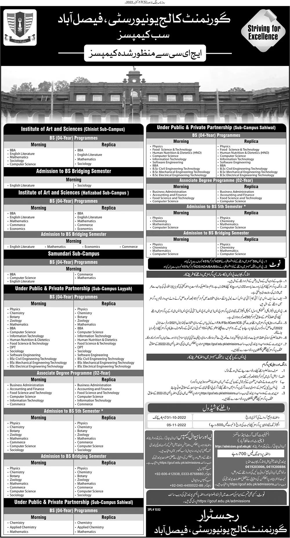 Government college university Faisalabad Admission 2022 Admissions 2022 — original advertisement
