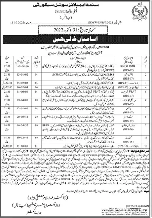 Sindh Employees Social Security Jobs 2022 – Sindh Employees Social Security Institution SESSI Karachi Jobs 2022 — original advertisement