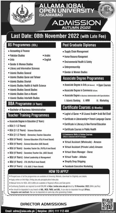 Allama Iqbal Open University Admission 2022 – Allama Iqbal Open University Islamabad Admissions 2022 — original advertisement
