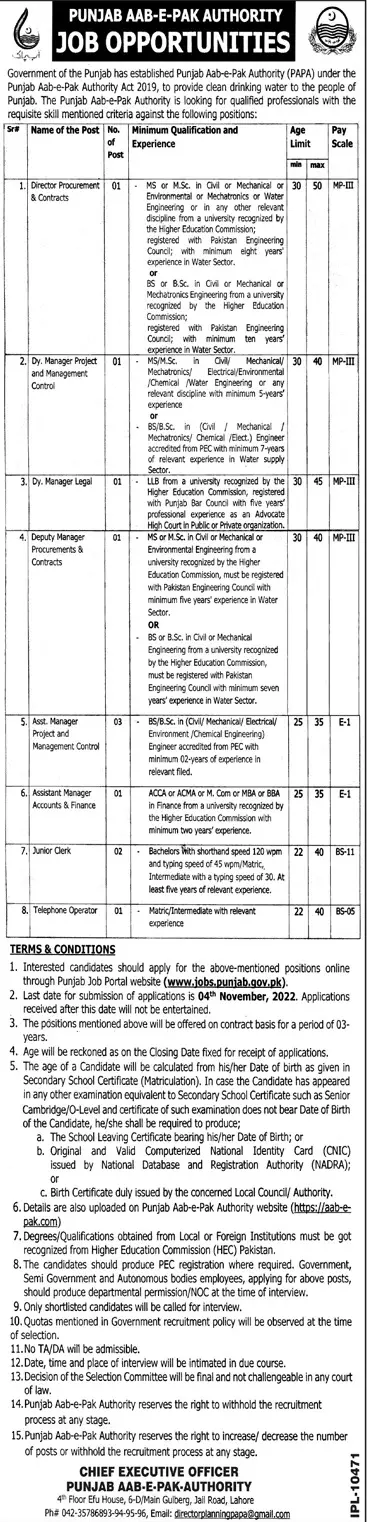 Punjab AAB-E-PAK Authority Punjab Jobs 2022 – Govt of Punjab Jobs 2022 — original advertisement