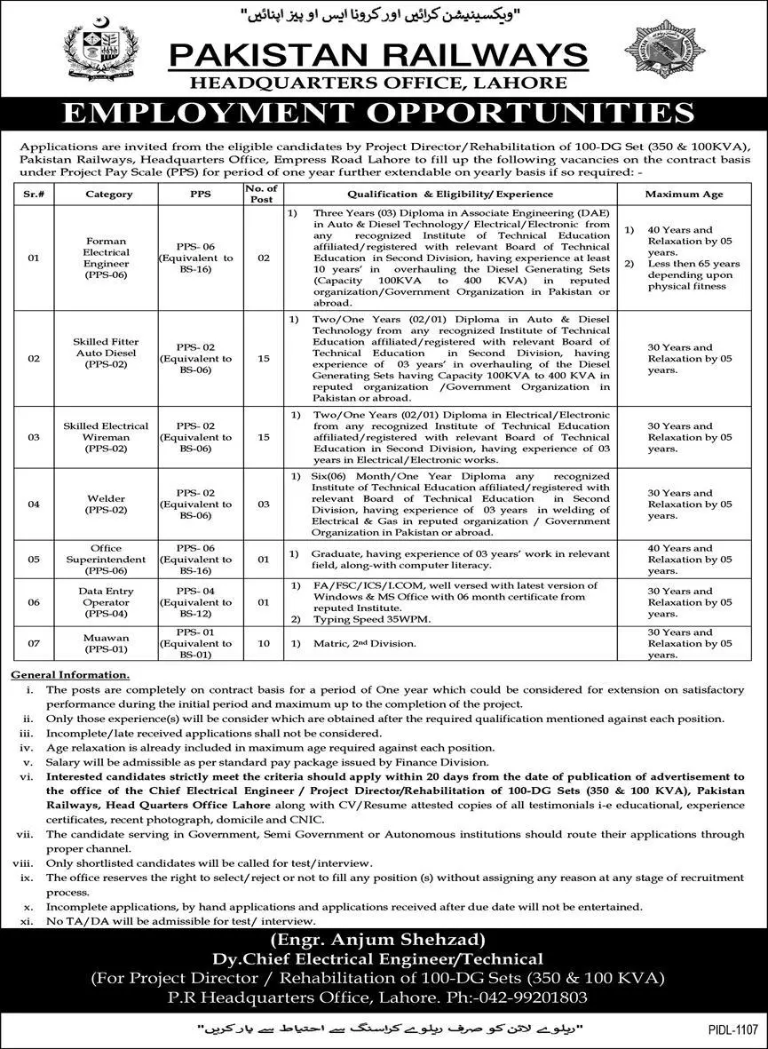 Pakistan Railways Lahore Jobs 2022 – Ministry of Railways Islamabad Jobs 2022 — original advertisement