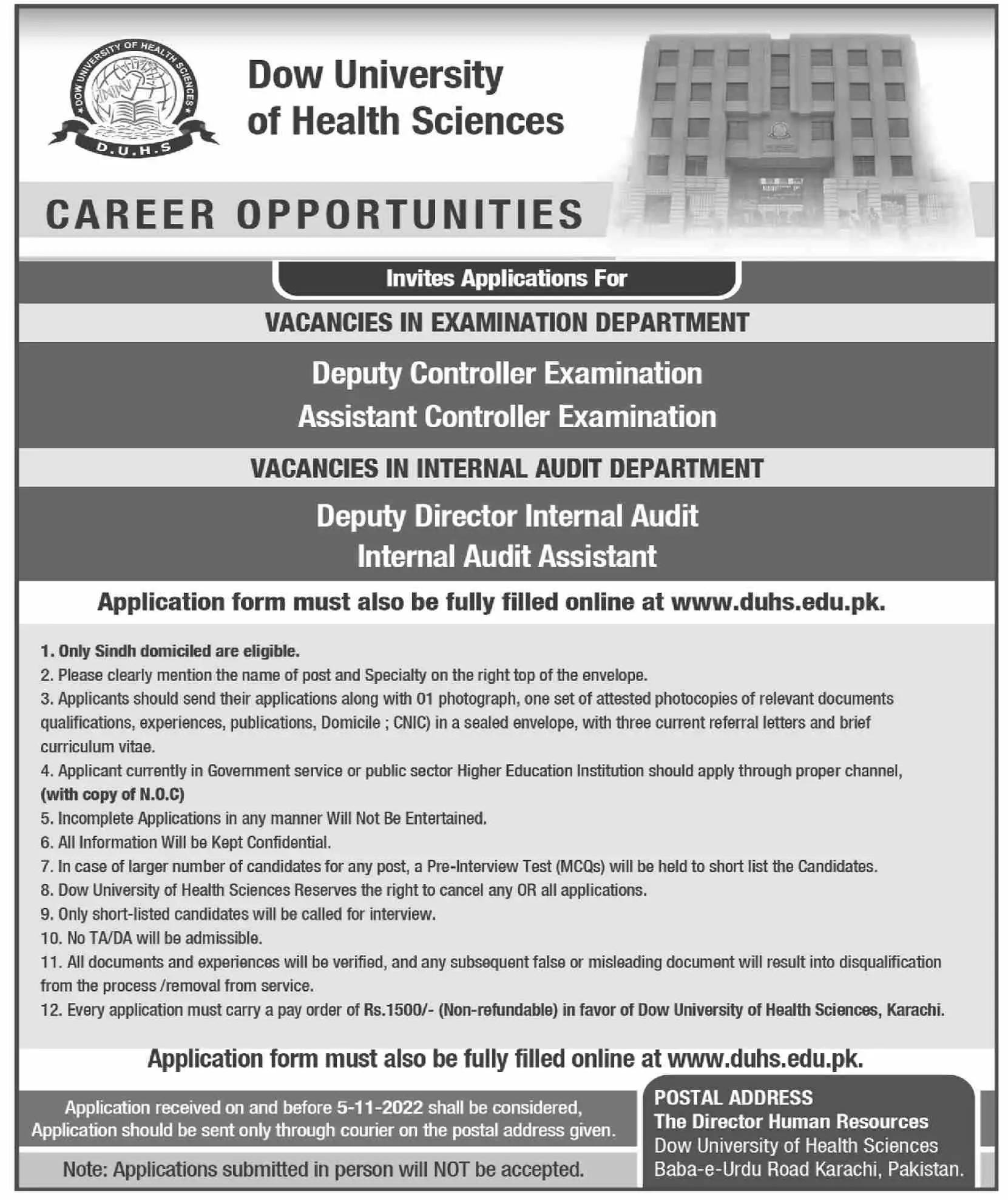 Dow University of Health Sciences Karachi Jobs 2022 Jobs 2022 — original advertisement