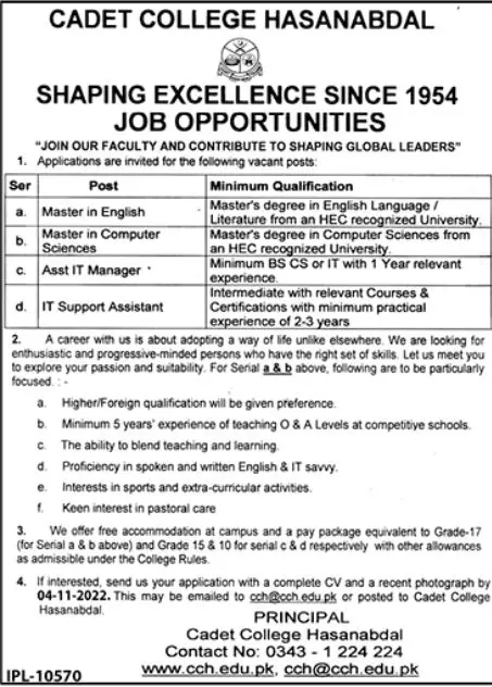 Cadet college Hassanabdal Jobs 2022 – Cadet College Hasan Abdal Jobs 2022 — original advertisement