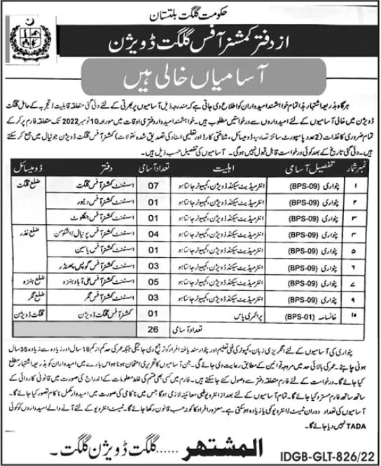 Deputy Commissioner Dc office Gilgit Baltistan Jobs 2022 – Government of Gilgit-Baltistan Jobs 2022 — original advertisement