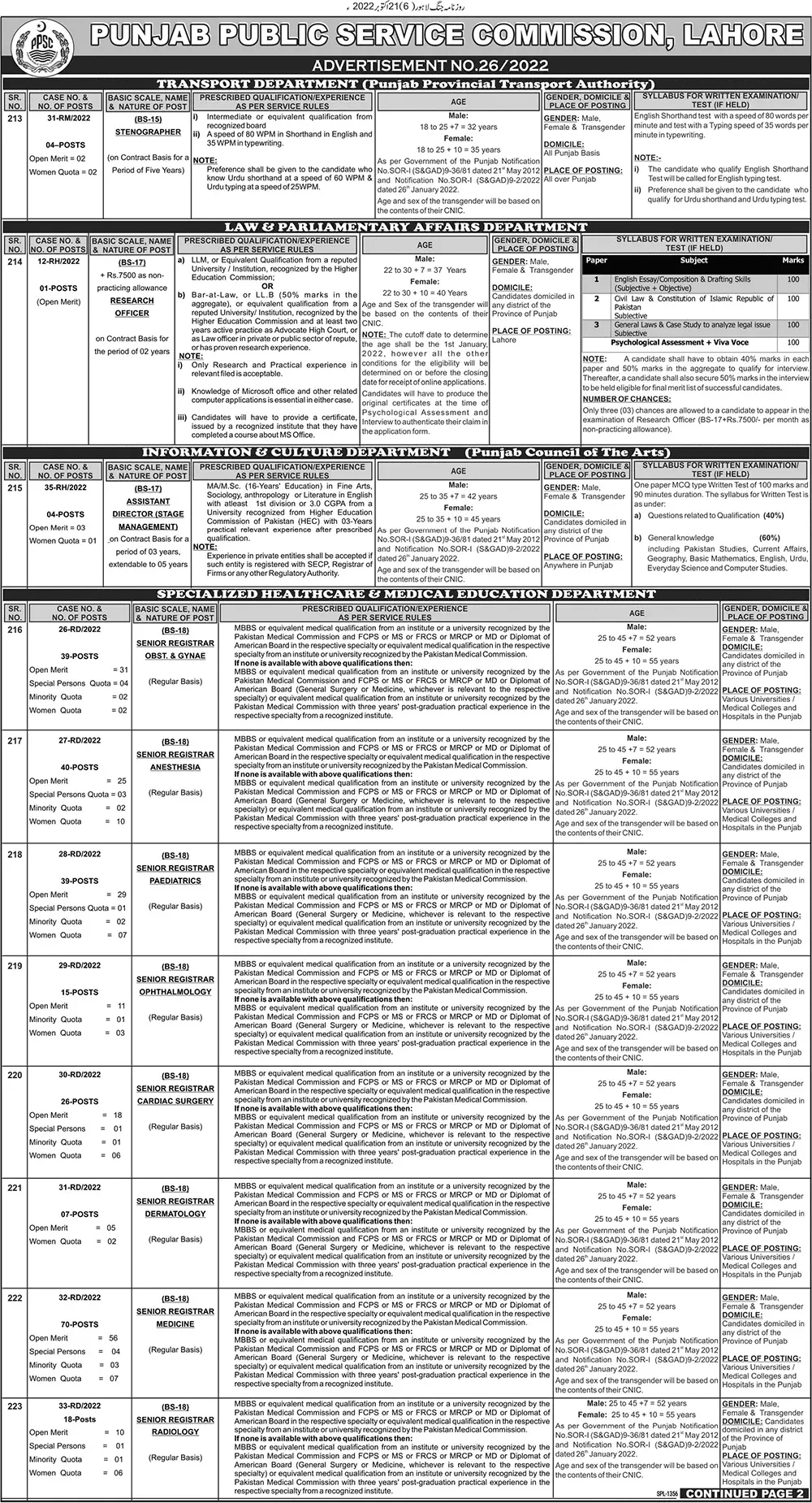 Punjab Public Service Commission Jobs 26/2022 – Punjab Public Service Commission Lahore Jobs 2022 — original advertisement
