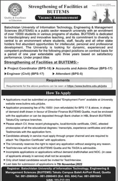 Balochistan University of Information Technology Jobs 2022 – Balochistan University of Information Technology & Management Science Quetta Jobs 2022 — original advertisement