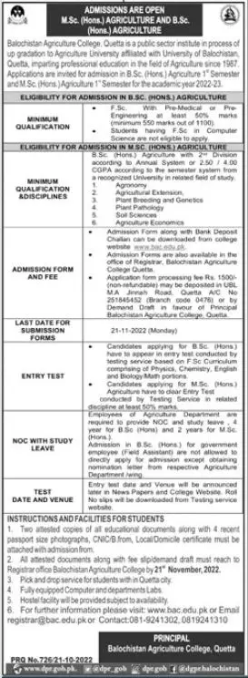 Balochistan Agriculture College Quetta Admission 2022 – Balochistan Agriculture College, Quetta Admissions 2022 — original advertisement