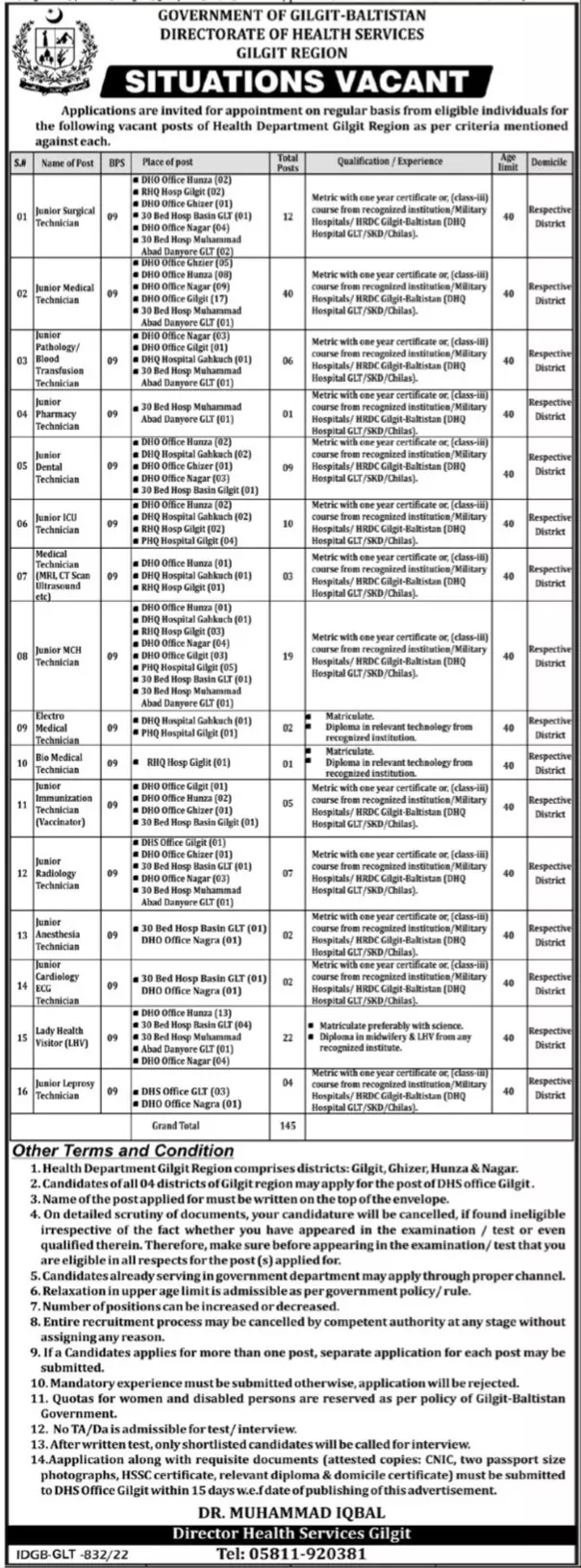 Directorate of Health Services Gilgit Baltistan Jobs 2022 – Health Department Gilgitbaltistan Jobs 2022 — original advertisement
