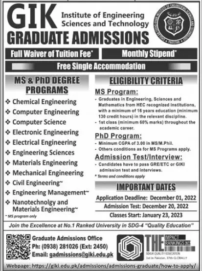 Ghulam Ishaq Khan Institute of Engineering Gik Admissions – Ghulam Ishaq Khan GIK Institute of Engineering Sciences and Technology Swabi Admissions 2022 — original advertisement